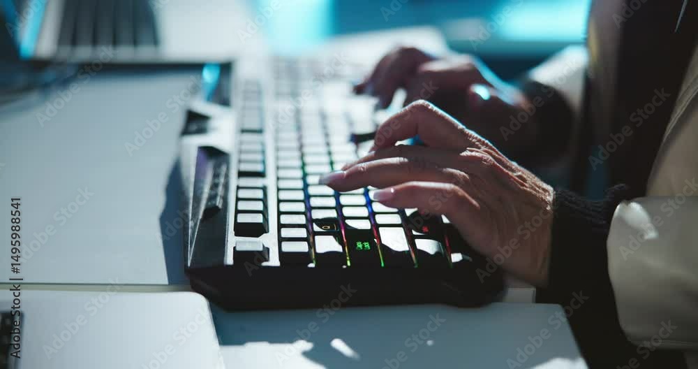 Poster keyboard, typing and businesswoman in office at night working on company investment account with dea