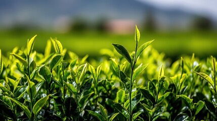 Fototapeta premium In the background is a tea plantation, with a tea plantation viewed in morning light, and the early morning hours reveal green tea buds and leaves on the plantation