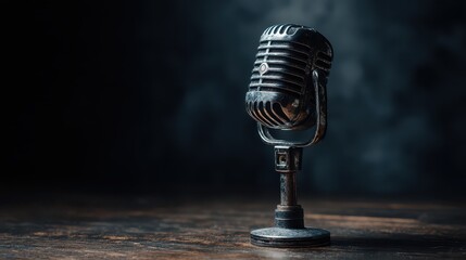 Vintage Microphone on Wooden Table in Dramatic Lighting Creating a Nostalgic Atmosphere for Music, Performance or Recording Themes