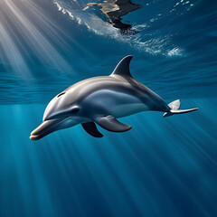Fototapeta premium Underwater marine life illustration of a blue swimming dolphin in the ocean