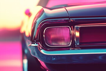 Close-up of a vintage car's rear taillight, glowing pink at sunset.