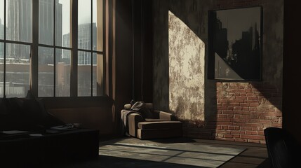 Sunlit loft interior with city views and rustic accents.