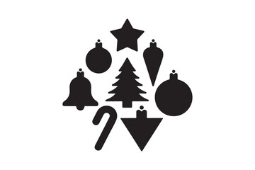 Christmas Icons Silhouette Set Tree, Ornaments, Star, Bell, Candy Cane
