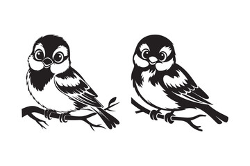 Cute Bird Silhouette on Branch Cartoon Sparrow SVG Illustration