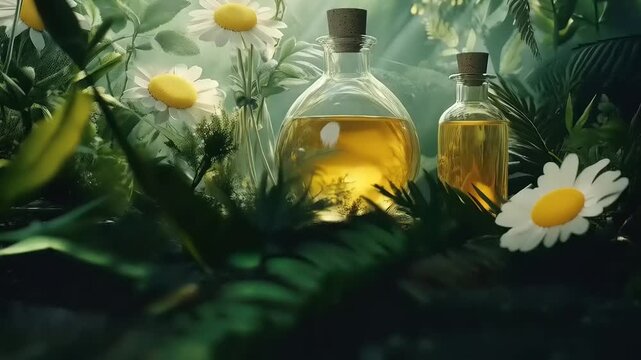 Aromatic Essence: Golden Elixir in Botanical Bliss with Daisies and Greenery