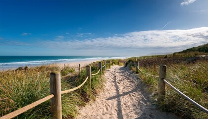vertical shot of a pathway leading to the beach at the ocean shore