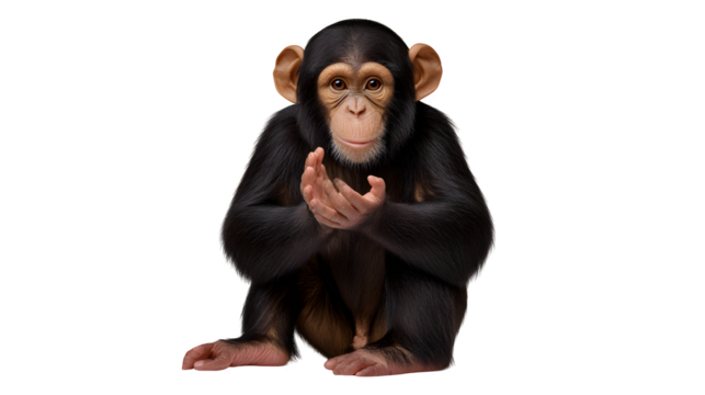 Chimpanzee clapping hands in sitting posture, expressive face, isolated on transparent background