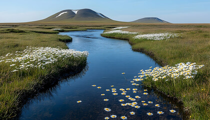 Serene river flows through a grassy plain towards distant hills, dotted with white flowers under a clear blue sky