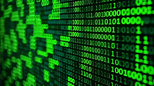 Abstract digital background with electronic binary code stream in dark space. Cybersecurity and futuristic technology concepts, patterns of green binary code flowing	
