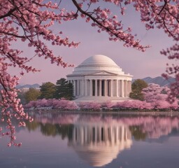 Obraz premium Pink cherry blossoms frame Jefferson Memorial, panorama, iconic