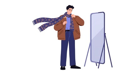 Man Adjusting Scarf in Front of Mirror Getting Ready