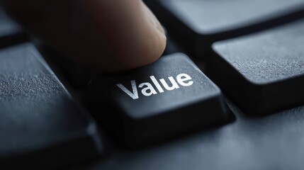 Close-up of a finger pressing a keyboard key labeled "Value" symbolizing importance and worth in business and personal finance decisions in digital age