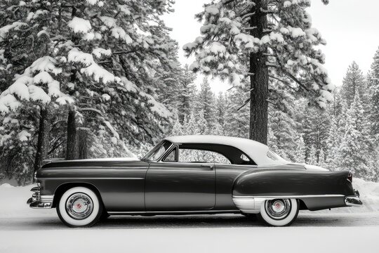 Fototapeta A classic vintage car parked in a snowy winter landscape, evoking nostalgia and serenity.