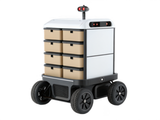 Delivery robot with boxes isolated on transparent background