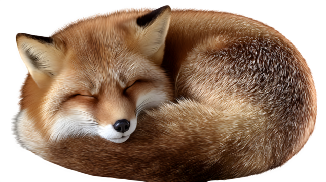 Drone angle of a sleeping fox curled up in a ball, tail wrapped around body, isolated on transparent background - Powered by Adobe
