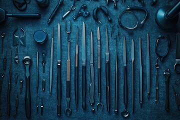 A collection of precision tools, meticulously arranged on a dark blue surface, showcasing their intricate details and sharp points.