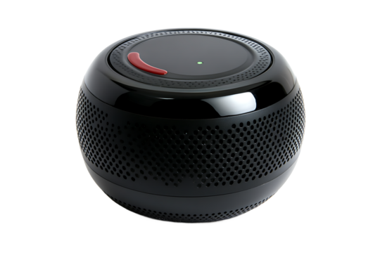 Close up of a black spherical device with a red accent and small holes around the side surface