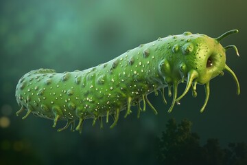 Naklejka premium Detailed close-up of a green caterpillar with spikes on a blurry green background