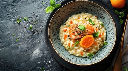 Creamy salmon risotto, citrus garnish, dark background, food photography, recipe