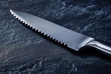 Close-up of a serrated stainless steel knife on a dark textured surface.