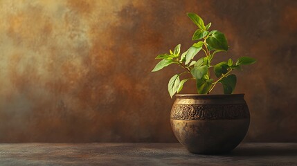 Indian basil plant (Tulsi) with decorative pot and soft tone