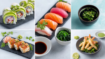 collage of photos of asian japanese cuisine sushi with tuna and miso soup with shrimp delicious dishes for restaurant menu