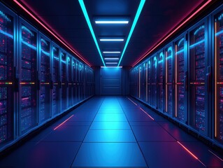 Fototapeta premium Futuristic data center with neon lighting and rows of network servers