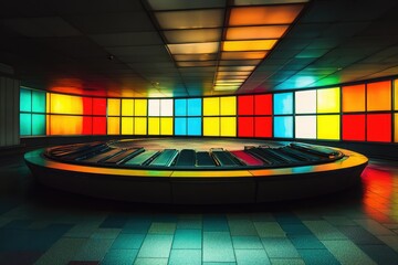A circular baggage carousel in an airport terminal, illuminated by vibrant multicolored stained-glass windows.