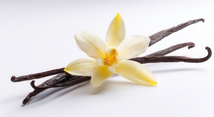 Aromatic Vanilla Beans and Flower Close up of fragrant vanilla pods and blossom