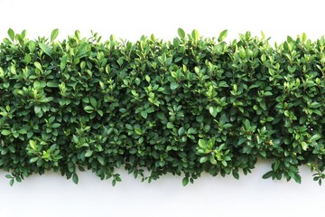 Obraz premium Lush green hedge against white background with dense foliage and vibrant leaves