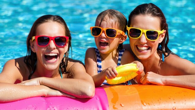 Three cheerful individuals enjoy a sunny day at the pool smiling and wearing vibrant sunglasses.