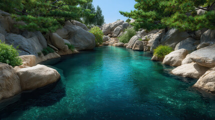 Serene turquoise water flows gently between smooth rocks and lush green trees creating a peaceful and idyllic natural landscape perfect for relaxation.