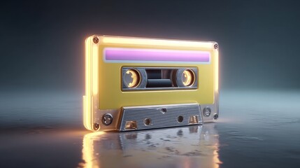 Fototapeta premium Retro audio cassette tape with vibrant neon glow for music and nostalgia