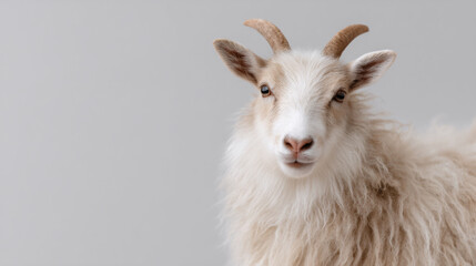 Fototapeta premium White goat portrait on gray background with copy space. Domestic farm animal closeup. Cute and friendly livestock face. Agricultural concept for dairy and wool industry