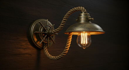 Rustic Wall Lamp With Nautical Rope and Edison Bulb On Wood Panel