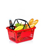 A vibrant red shopping basket filled with fresh bananas green grapes crusty baguettes and a bottle. Perfect ingredients for a joyful culinary experience.