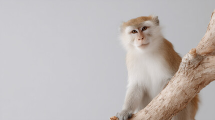 Fototapeta premium Monkey sitting on tree branch against light background. Primate in natural habitat. Wildlife conservation concept. Exotic animal portrait with copy space