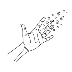 Hand breaking into geometric shapes in a minimalist line art style