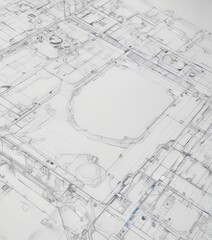 Clean white background, black outlined technical drawing shapes, blueprint style , background, structure, CAD