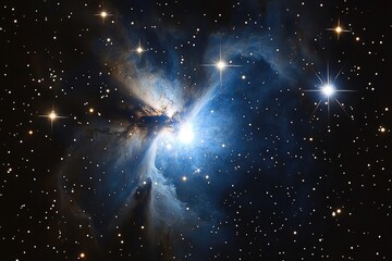 A breathtaking view of a nebula, showcasing vibrant blue hues, bright stars, and cosmic dust clouds.