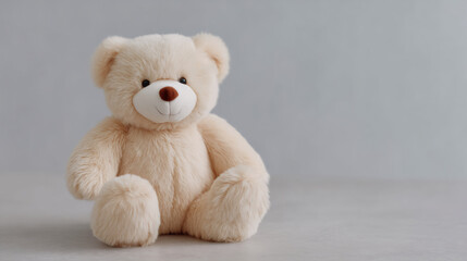 Cute beige teddy bear on neutral background. Soft plush toy for child. Stuffed animal for kids room decor, baby shower gift. Cozy comfort object with copy space