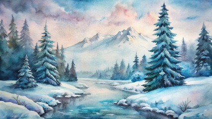 Winter Wonderland: A breathtaking watercolor landscape transports viewers to a serene snow-covered wilderness, with snow-laden trees, majestic mountains, and a tranquil river.