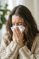 Young caucasian woman sneezing into tissue while wearing cozy sweater indoors