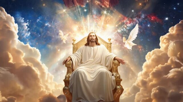 Jesus Christ majestic golden throne of god in heaven in the sky surrounded white clouds and divine light. Second coming of Jesus Christ.