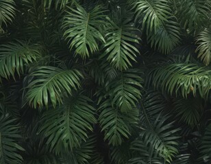 Deep green palm leaves, rich texture, sunlight highlights, palm tree, detail, nature