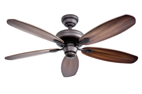 A ceiling fan with five wooden blades and a dark metal base against a black background in a studio shot - Powered by Adobe