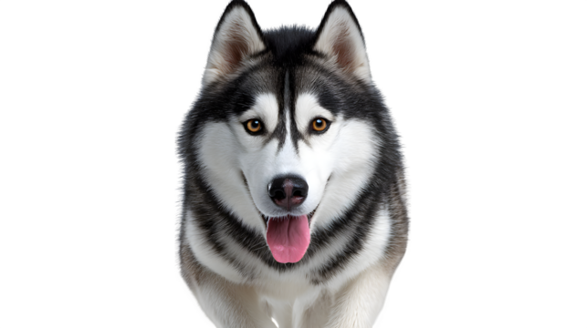 Siberian husky running toward the viewer from a low perspective, tongue out, isolated on white background