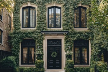 Obraz premium Elegant ivy-covered house with large windows surrounded by a serene garden in a historical neighborhood during early evening light