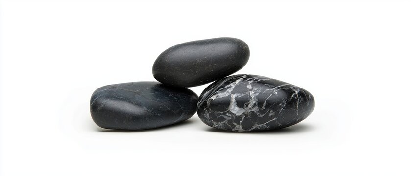 Three black and white rocks on a white background.