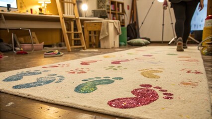 Colorful footprints on stained rug in creative indoor workspace  